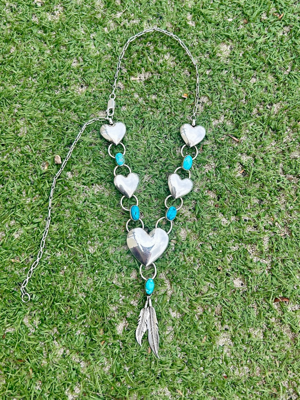 Vintage Navajo Sterling Silver Heart and Turquoise Pendant Necklace -